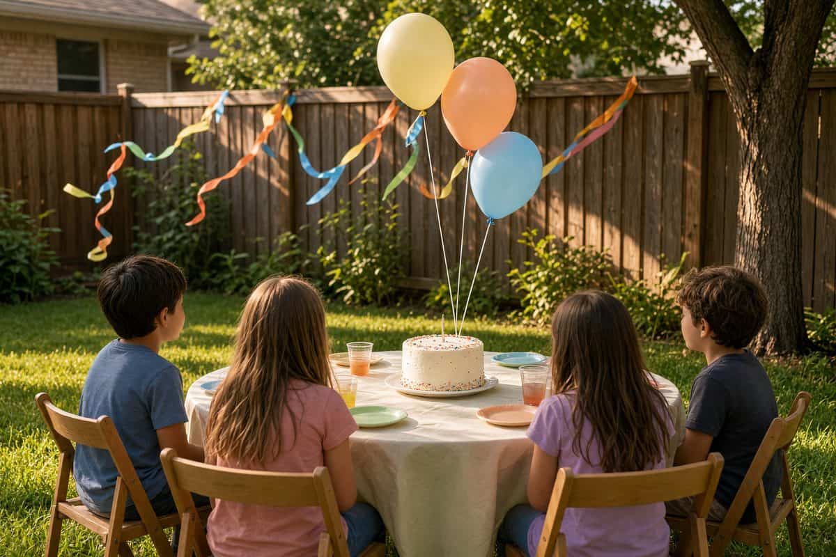Kids at a backyard birthday table with cake and balloons in Dallas