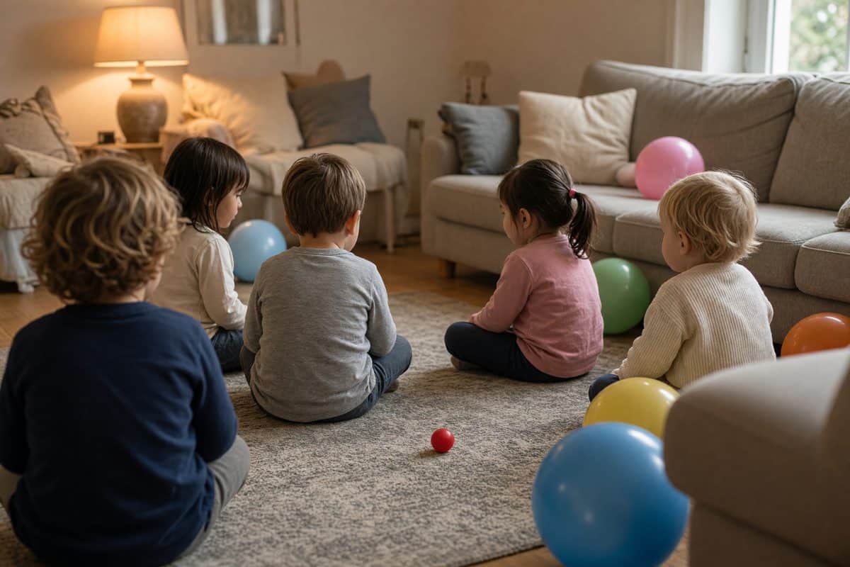 Young children playing a party game on a living room rug
