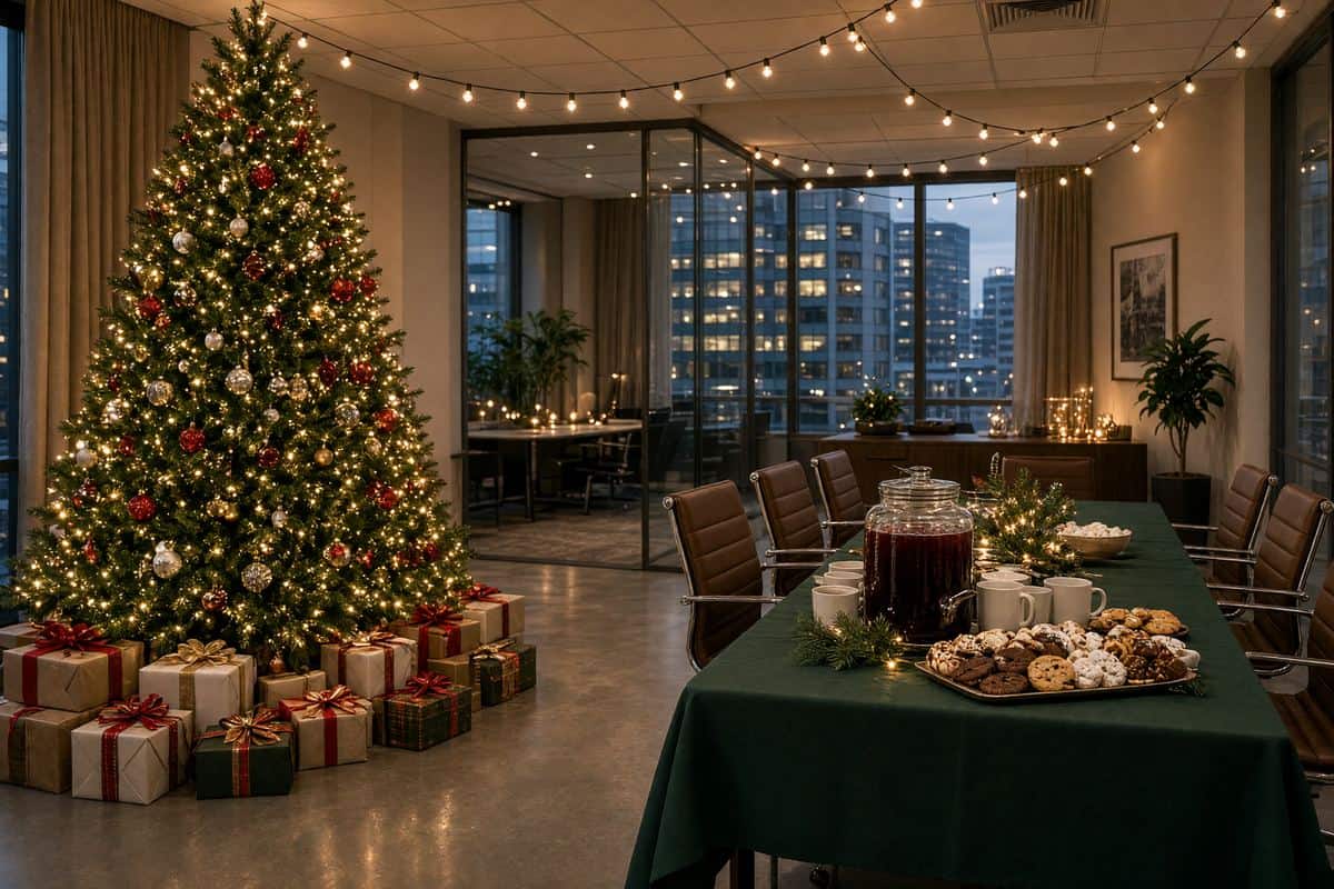 Office holiday party room with a decorated tree and wrapped gifts