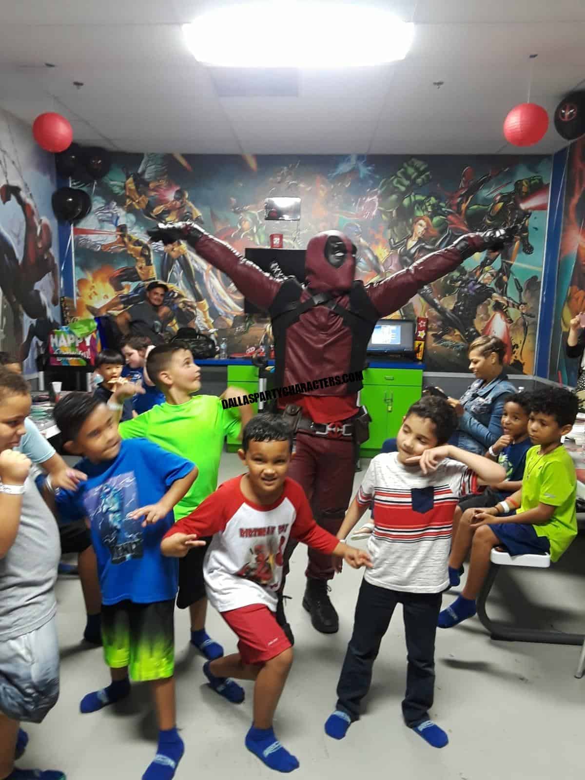 Armored superhero character at an outdoor kids party in Dallas