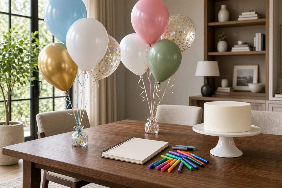 Party planning table with balloons and notes for a Dallas kids event