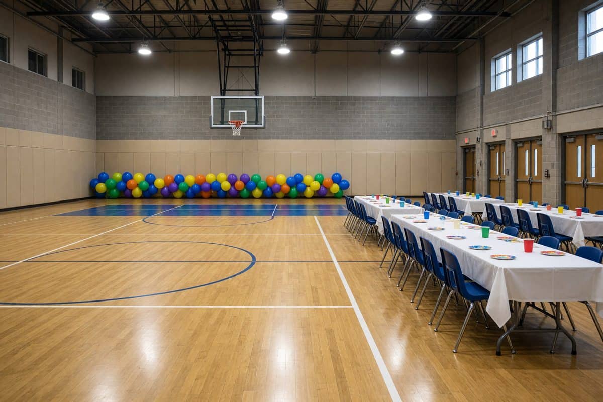 School gym set up for a Dallas kids character party