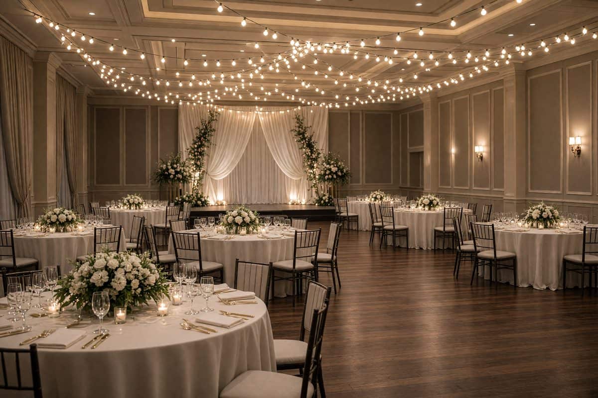 Empty Dallas reception room set for a wedding