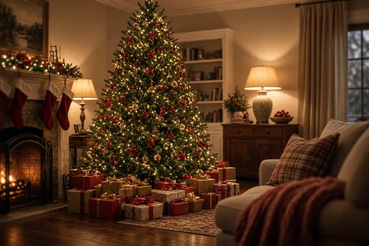Decorated Christmas tree for a holiday party at home