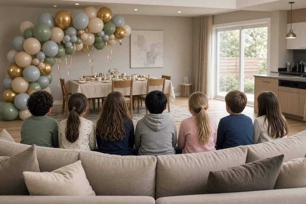 Kids at an indoor birthday party in a Frisco, TX living room