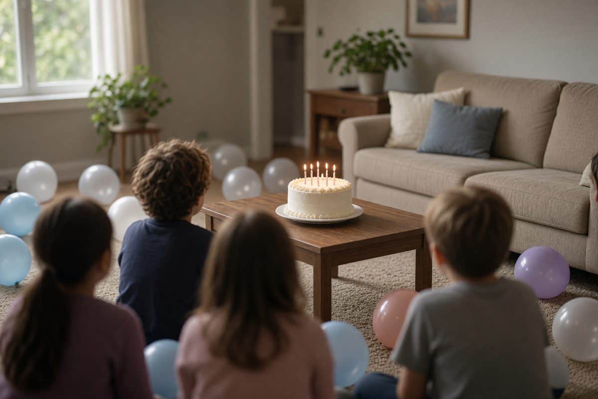 Children at an indoor birthday party in a Garland, TX living room